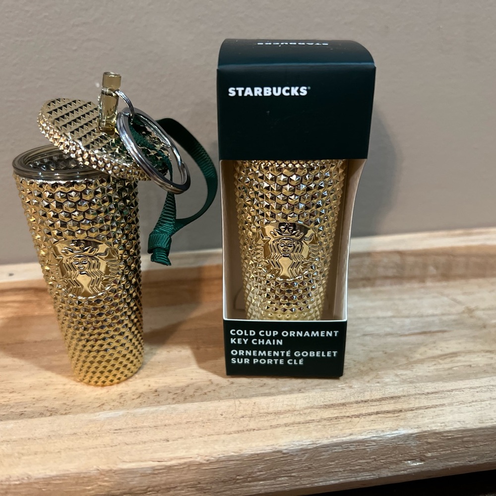 Gold Starbucks miniature cold cup ornament key chain.